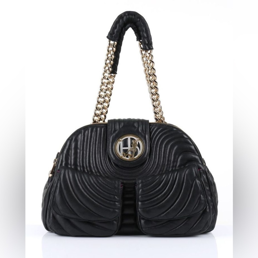HENRI BENDEL "NO. 7" LARGE QUILTED BLACK LEATHER GOLD CHAIN SHOULDER BAG PURSE